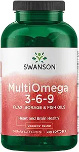 Σουάνσον MultiOmega 3-6-9 - Κάψουλες μη GMO, Borage & Fish Oil - Απαραίτητα Λιπαρά Οξέα Υποστηρίζοντας Καρδιαγγειακή Υγεία & Εγκεφαλική Υγεία - (220 Softgels, 2400mg Serving)