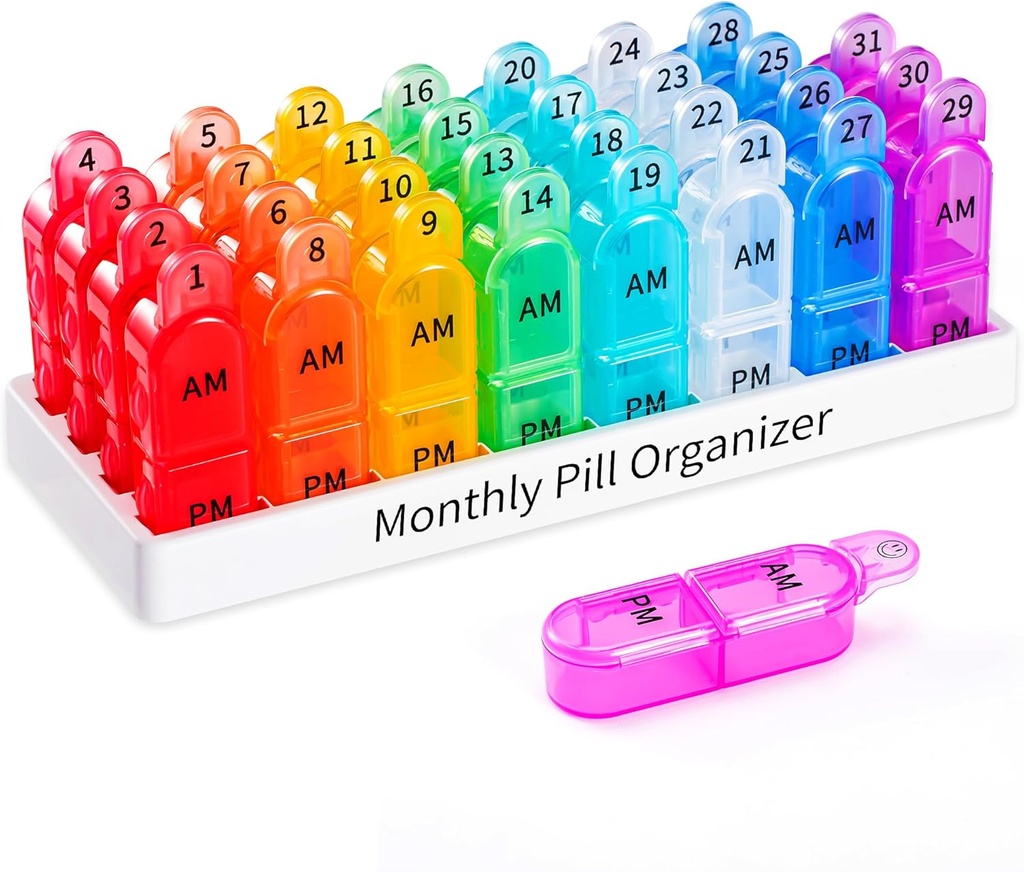 Daviky Monthly Pill Organizer 2 Times a Day - 30 Günlük Pill Box AM PM, BPA Free One Moon Medicine Organizer İki Günlük, 31 Günlük Vitaminler, Tamamlar ve İlaçlar