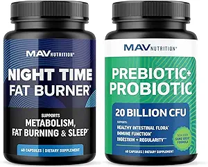 MAV NUTRITION Night Time Fat Burner Capsules ve Probiyotik & Prebiyotik Capsules | Overnight Metabolism Branson for Stomach Fat Comb Gut Health Support | Comprehensive Digestive Wellness
