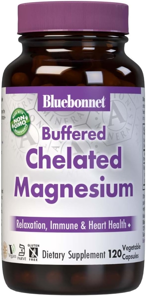Bluebonnet Beslenme Albion Buffered Chelated Magnezyum 200 mg, Oksit Magnezyum, Stres Yardımı, Vegan, GMO, Gluten Free, Soy Free, Milk Free, Kosher, 120 Capsules, 2 Ay Supply