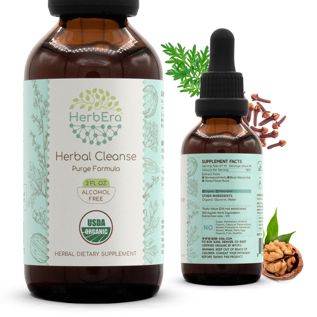 HerbEra Herbal Cleanse Organic Alkol-Free Tincture | Detox ve Cleanse Formula, Ekstra Tamam | Organik Wormwood Herb, Black Walnut Hull, Cloves Flower Buds | Purge Extract (2 fl oz)