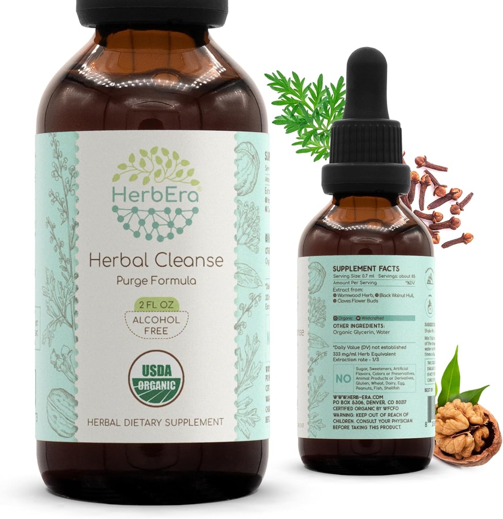 HerbEra Herbal Cleanse Organic Alkol-Free Tincture | Detox ve Cleanse Formula, Ekstra Tamam | Organik Wormwood Herb, Black Walnut Hull, Cloves Flower Buds | Purge Extract (2 fl oz)