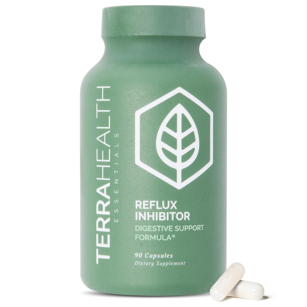 Terra Health Essentials Reflux Inhibitor - Digestive Supplement for Stomach Comfort, Acid Balance & Nutrient Absorption - Betaine HCL with Pepsin - 30-Day Supply, 90 Capsules