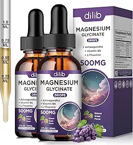(2 Pack) Magnezyum Glycinate Liquid Drops 500 mg, B6, Ashwagandha, L - Theanine, Chamomile, Magnezyum Glycinate Supplement High Abxia for Sleep, Stress, Energy Mood - Grape Flavor