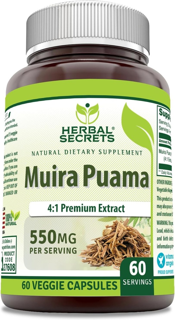 Herbal Sırları Muira Puama 4:1 Ekstra | 550 Mg | 60 Veggie Capsules | Non-GMO | Gluten Free | Made in USA