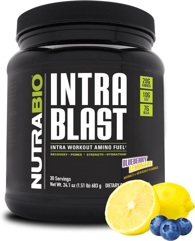 NutraBio Intra Blast Bcaa Tozlu Asit Supplement, Electrolyte & Hydration Blend, Intra, Pre Workout & Muscle Recovery, 20g Eaaas Acids Toz, 5g Glutamine- Blueberry Lemonade, 30 Hizmet