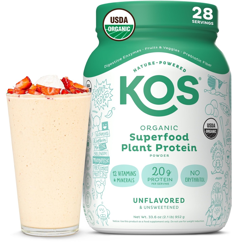 KOS Vegan Protein Toz, Unflavored & Unsweetened - Low Carb Pea proteini, Vitaminler ve Minerallerde Organik Superfood Zengin - Keto, Soy, Süt Ücretsiz - Kadın ve Erkekler için Meal Redüksiyon - 28 Hizmet