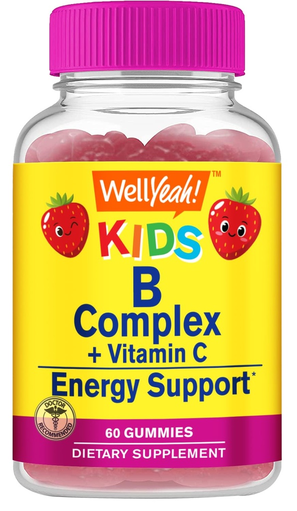 Well Well Evet B Kompleksi Çocuklar için - C vitamini, Niacin, Vitamin B6, Folic Asit, B12, Biotin & Pantothenic Acid - 2 Moon Supply - Strawberry Flavor - Non GMO, Gluten Free - 60 Gummies