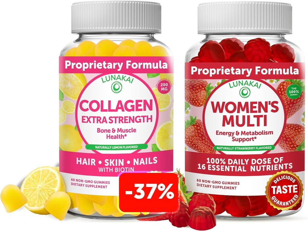 Lunakai Collagen ve Women's Multivitamin Gummies Sche - Non-GMO Anti Aging Supplements with Biotin, çinko, Vitamin C ve E - 16 Essentials ve Minerallerin 100 Günlük Değeri - 30 Gün Supply