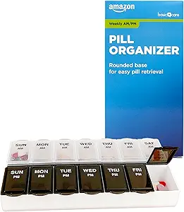 Βασική Φροντίδα (7-Ημέρα) AM/PM Pill Organizer, περίπτωση βιταμίνης, και κουτί ιατρικής, μεγάλα διαμερίσματα, 2 φορές την ημέρα, μαύρο και σαφές Lids
