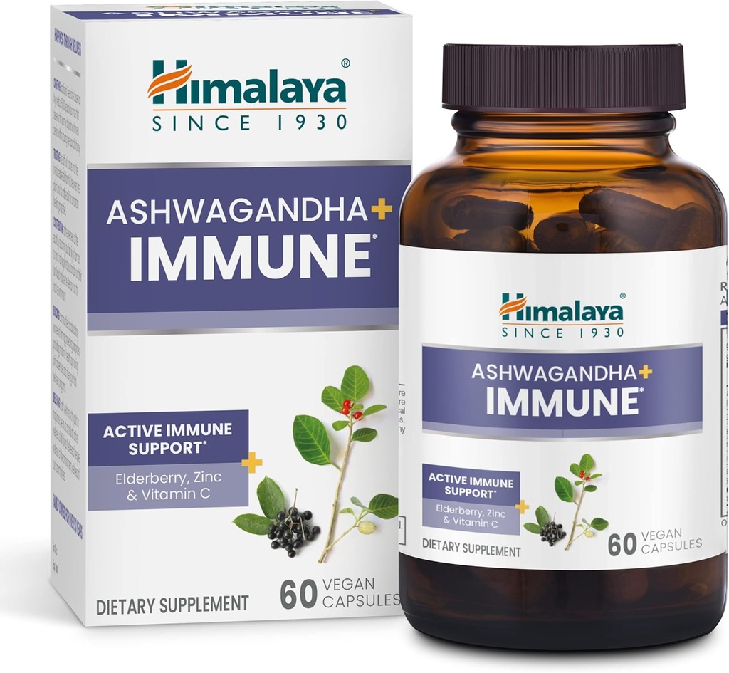 Himalaya Ashwagandha+ Immune - Herbal Immune Support Supplement with Vitamin C, çinko, Elderberry, and Amla for Immunity - Vegan, Non-GMO, Gluten Free, 960 mg, 60 Capsules