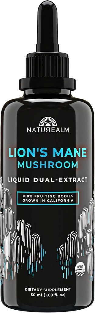 Naturealm Lion's Mane Mushroom Liquid Tincture Supplement – Focus, Memory & Brain Health, Vegan, Non-GMO – Organik Meyveler, 1 Ay Supply Supply