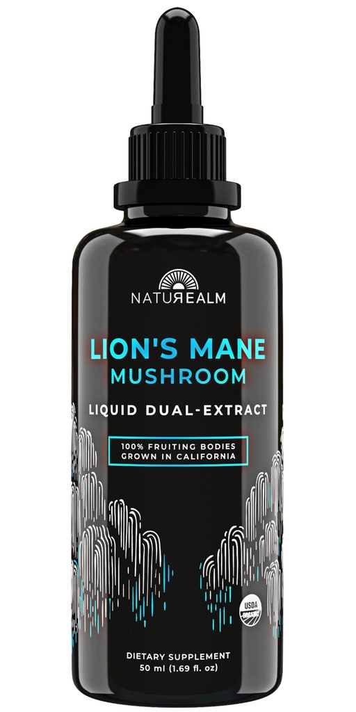 Naturealm Lion's Mane Mushroom Liquid Tincture Supplement – Focus, Memory & Brain Health, Vegan, Non-GMO – Organik Meyveler, 1 Ay Supply Supply