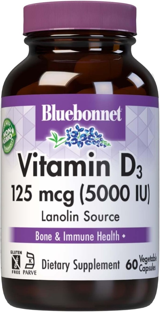 Bluebonnet Beslenme Vitamin D3 5000 IU Sebze Kapsülü, Kas & Skeletal Büyüme, Lanolin, D3, GMO, Gluten Free, Soy Free, Milk Free, Kosher, 60 Count