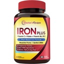 Doktor'un Kadın Erkek için Demir Tartları - Cent Iron Bisglycinate C, B6, Folate & B12 - Non-Constipating & Stomach Friendly Iron Pills for Blood & Energy Support, 30 Vegan Caps