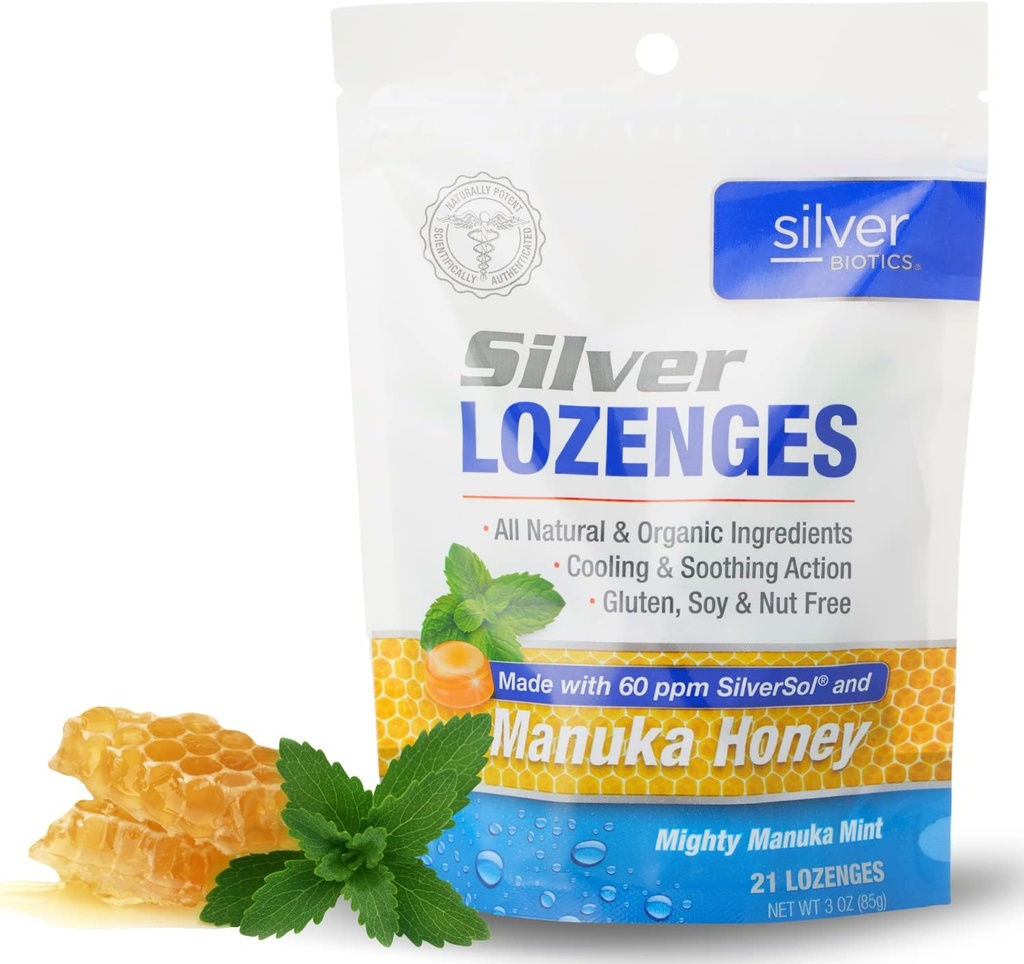 Silver Biotics Colloidal SIlver Lozenges | 60 PPM Ag4O4 SilverSol | Immune Support + Throat Soothing Lozenges | Manuka Honey | 21 Count