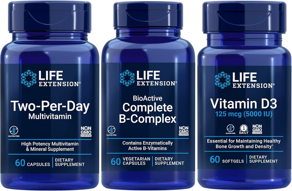 Life Extension Two-Per-Day Multivitamin, 60 kapsül | BioActive Complete B-Complex, 60 kapsül | Vitamin D3 125 mcg (5000 IU), 60 softgels | Bone & bağışıklık sağlığı, enerji ve metabolizma desteği