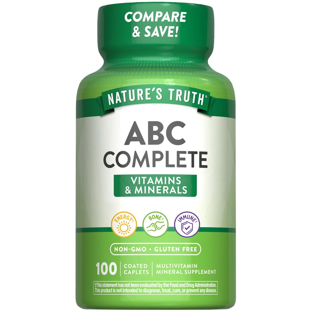Doğanın Gerçek Yetişkin ABC Erkekler ve Kadınlar için Multivitamin | 100 Caplets | Non-GMO & Gluten Ücretsiz