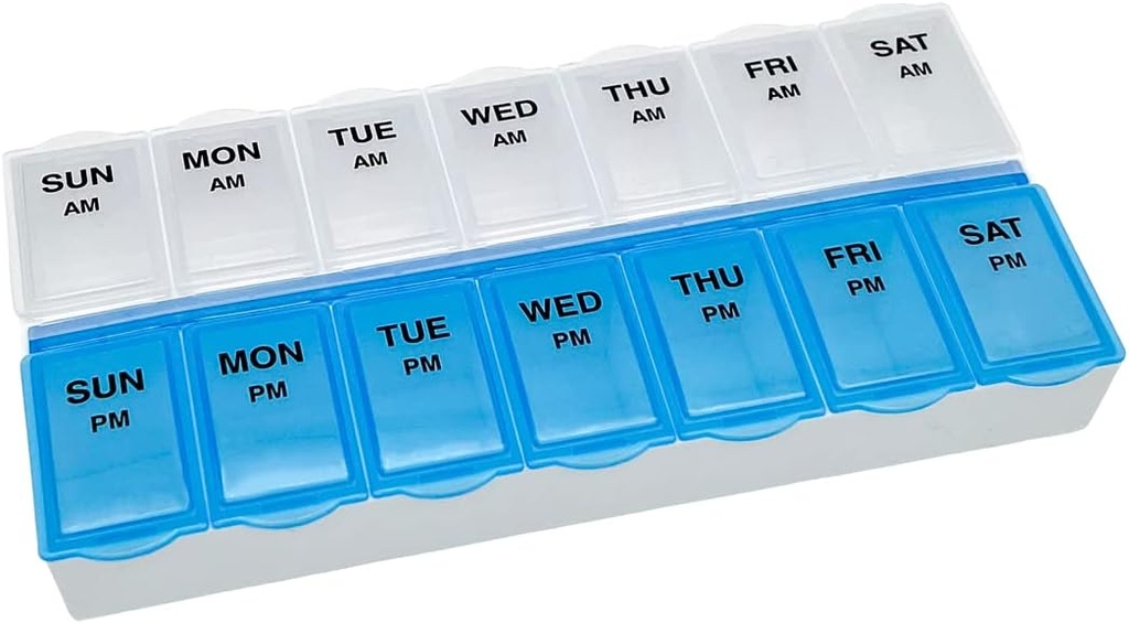 Basic Care (7-Day) AM/PM Διοργανωτής χαπιών, περίπτωση βιταμίνης, και κουτί ιατρικής, μεγάλα διαμερίσματα, 2 φορές την ημέρα, μπλε και σαφείς λιρέτες