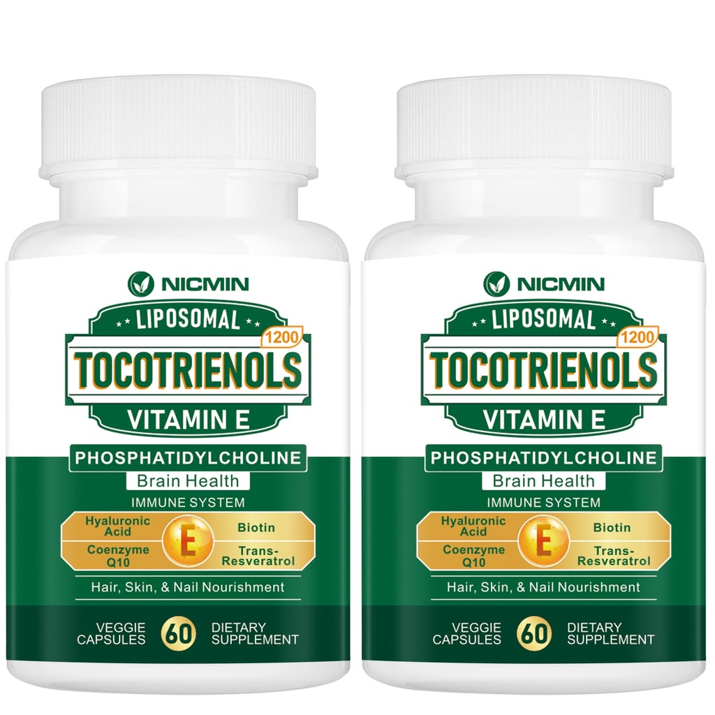 1200MG Vitamini E Tocotrienols Liposomal Tocotrienols Supplement with Phosphatidylcholine,% 95 Delta-tocotrienols and% 5 Gamma-tocotrienols, High Abxia for Heart, Brain Function 120 Capsules