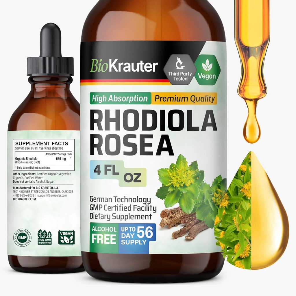 BIO KRAUTER Rhodiola Supplement Liquid - Pure Rhodiola Rosea Tincture for Calmness Support - Alkol & Sugar Free Extract - 4 Fl.Oz.