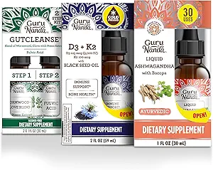 GuruNanda Total Wellness, Sıvı Ashwagandha, Black Seed Oil & GutCleanse - Immunity ve Mind Care Care ile Yardım