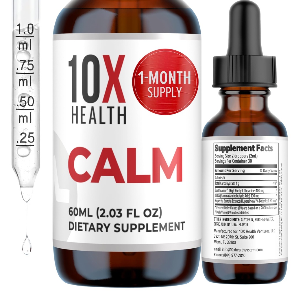 10X Health Calm L Theanine Supplement Liquid Drops - 100 mg L'Theanine Drops & 100 mg GABA Supplements to Support Nerves, Calm & Stress - Natural Flavor 2.03 Fl oz.