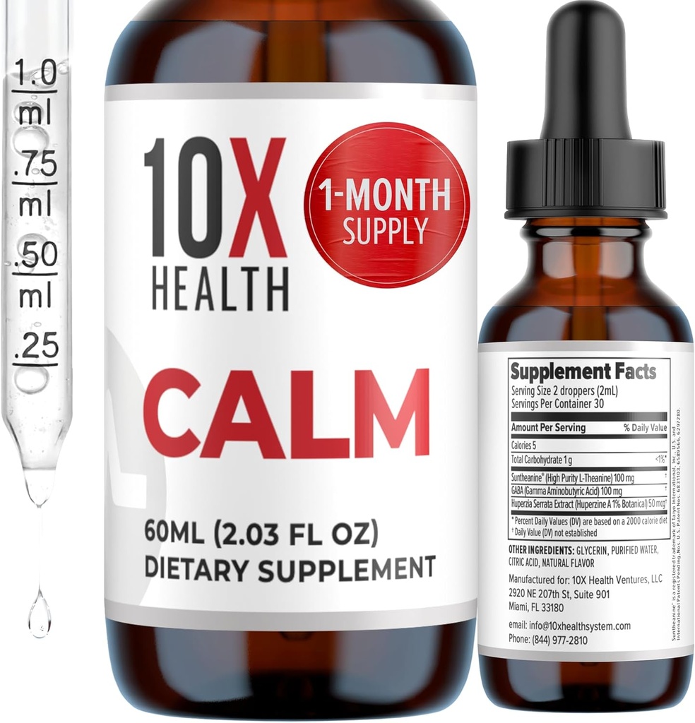 10X Health Calm L Theanine Supplement Liquid Drops - 100 mg L'Theanine Drops & 100 mg GABA Supplements to Support Nerves, Calm & Stress - Natural Flavor 2.03 Fl oz.