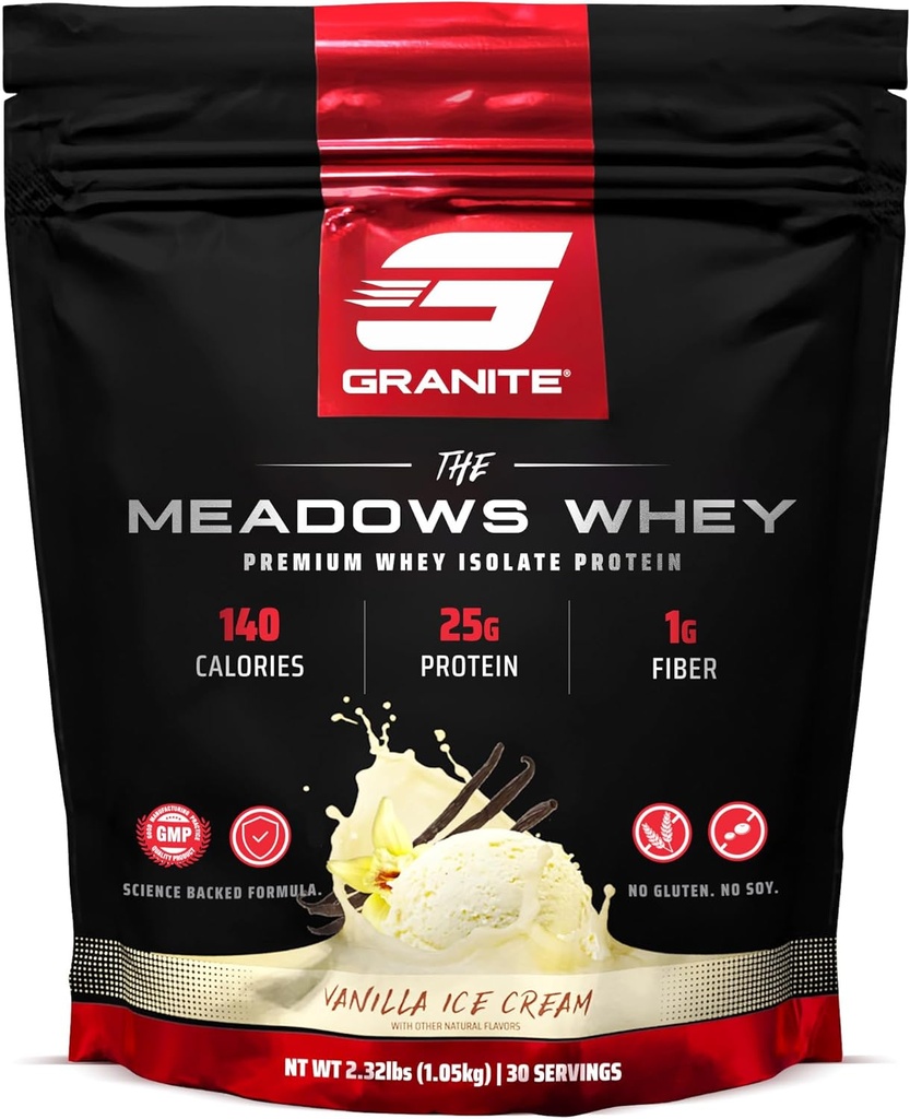 Συμπληρώματα γρανίτη Η σκόνη πρωτεΐνης Whey Isolate πρωτεΐνης για Lean Μύες με 150 θερμίδες, 2g Ίνες, 1g Ζάχαρη (30 μερίδες), άρωμα παγωτό βανίλια