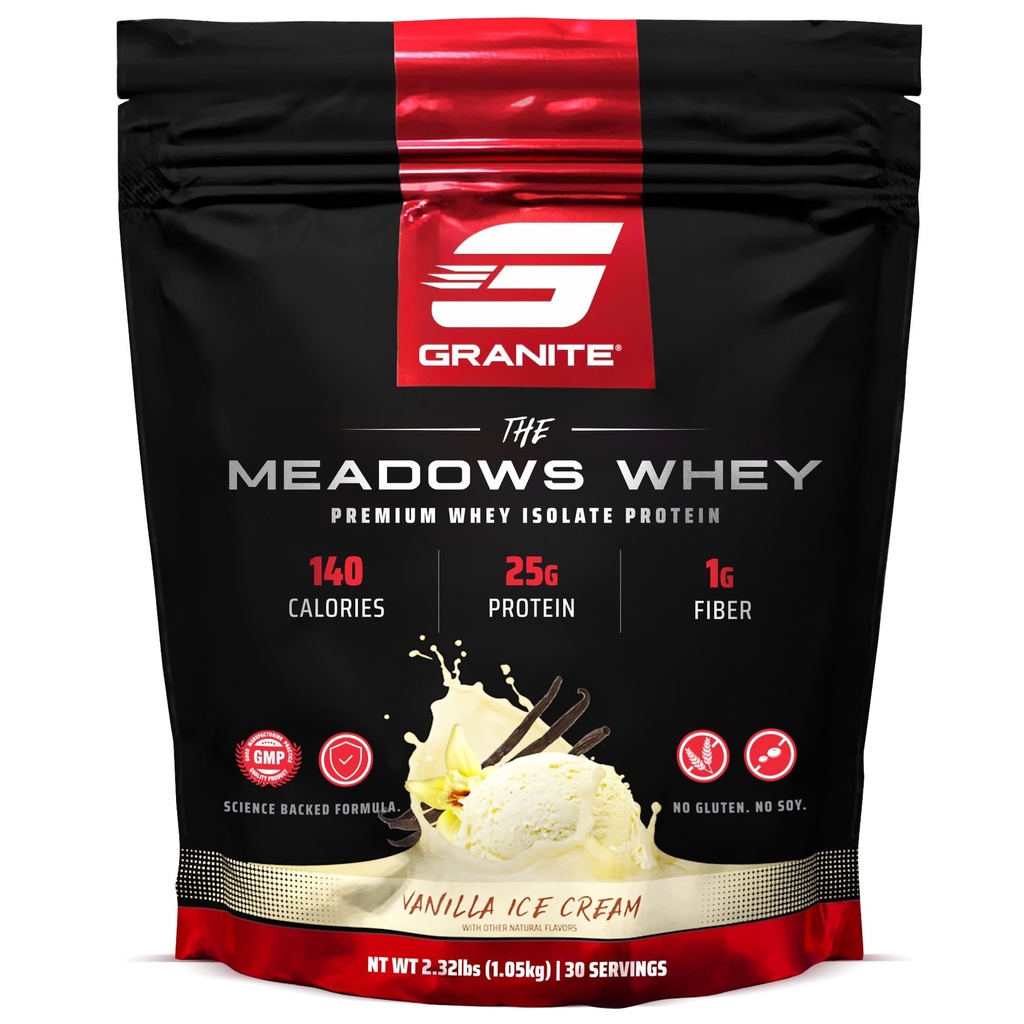 Granite Supplements The Meadows Whey Protein Isolate Protein Tozu 150 Calories, 2g Fiber, 1g Sugar (30 hizmet), Vanilla Ice Cream Flavor