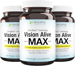Holistic Health Labs Vision Alive Max with 8 Natural Materialss Lutemax® 2020, Bilberries, Blueberries, c3g from Black Currant, Maqui Berry, Saffron, and Astaxanthin (30 Kont)