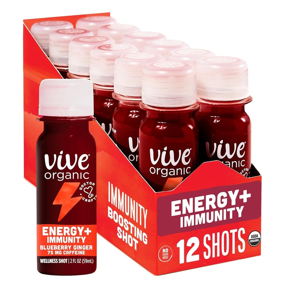 Vive Organic Energy Shot + Ανοσολογική Υποστήριξη, Ανοσολογική Άμυνα με Ashwagandha, Πράσινο Τσάι & Καφεΐνη, Χωρίς Γλουτένη, Vegan, Ενέργεια και Εστίαση, 2 Fl Oz (πακέτο των 12)