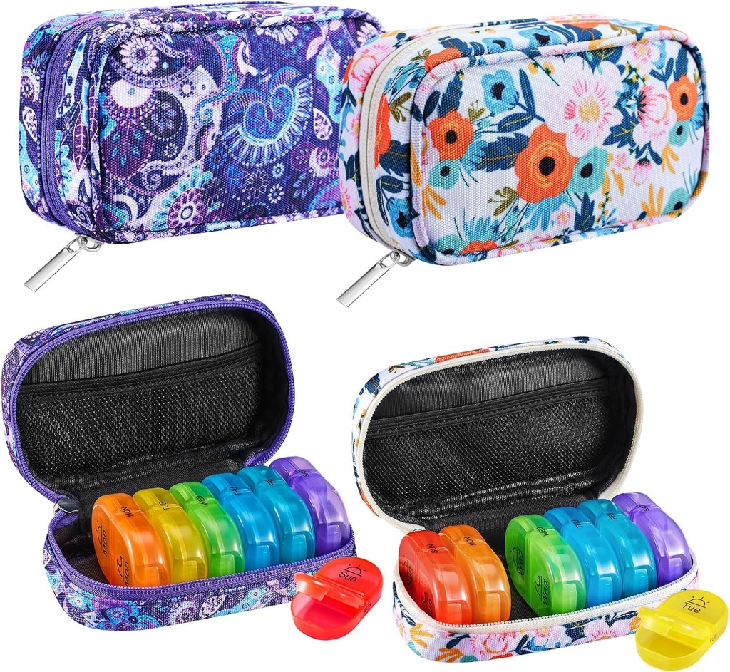Serfeymi Weekly Travel Pill Organizer 2 φορές A Day AM PM Rainbow Pill Box 7 Day with Zipper Canvas Pill Case, Medicine Organizer for Pills, Vitamins, Fish Oils - Purple 01+ Μπλουμ 01