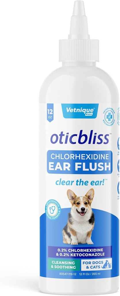 Vetnique Oticbliss Φαρμακευτική Θεραπεία Λοιμώξεις του Αυτιού Σκύλος, Αντισηπτικό Καθαριστικό Αυτιών για τη Λύση Καθαρισμού Αυτιών Γατών & Σκύλων με Χλωρεξιδίνη & Κετοκοναζόλη (12oz Flush)
