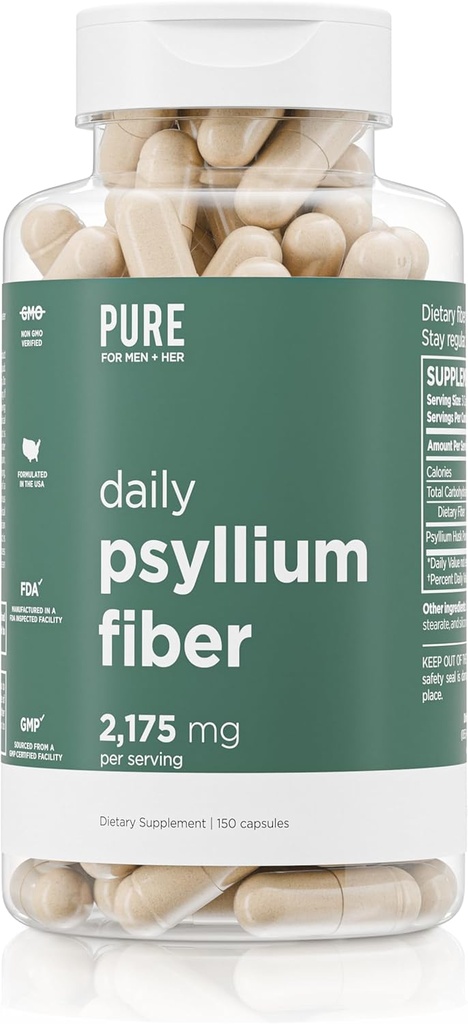 Daily Psyllium Husk Fiber Supplement Tarafından Pure for Men & Pure for Her | Digestive Regularity & Gut Health Support | ► Fiber Toz, 2,175mg Per | 150 Capsules