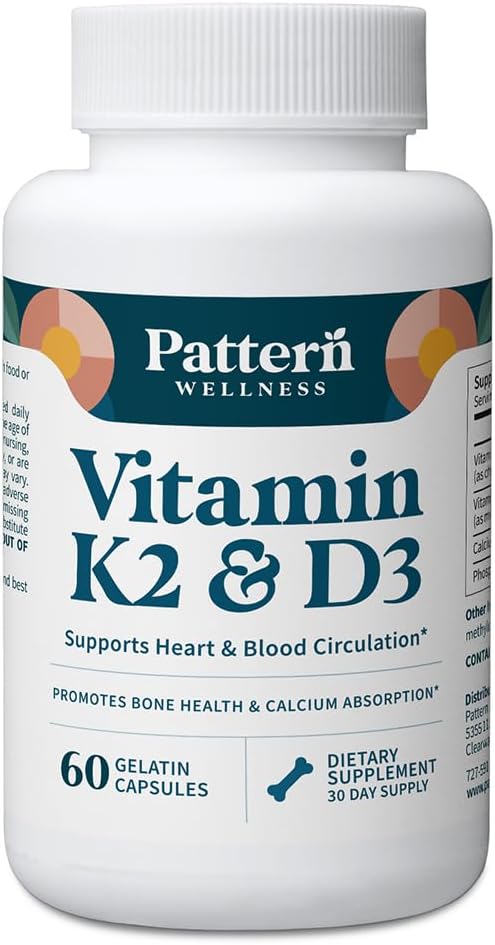 Pattern Wellness Vitamin K2 & D3 συμπλήρωμα με ασβέστιο – Υγεία των οστών, κυκλοφορική ευεξία & ανοσοποιητική υποστήριξη - Μη ΓΤΟ - 60 κάψουλες