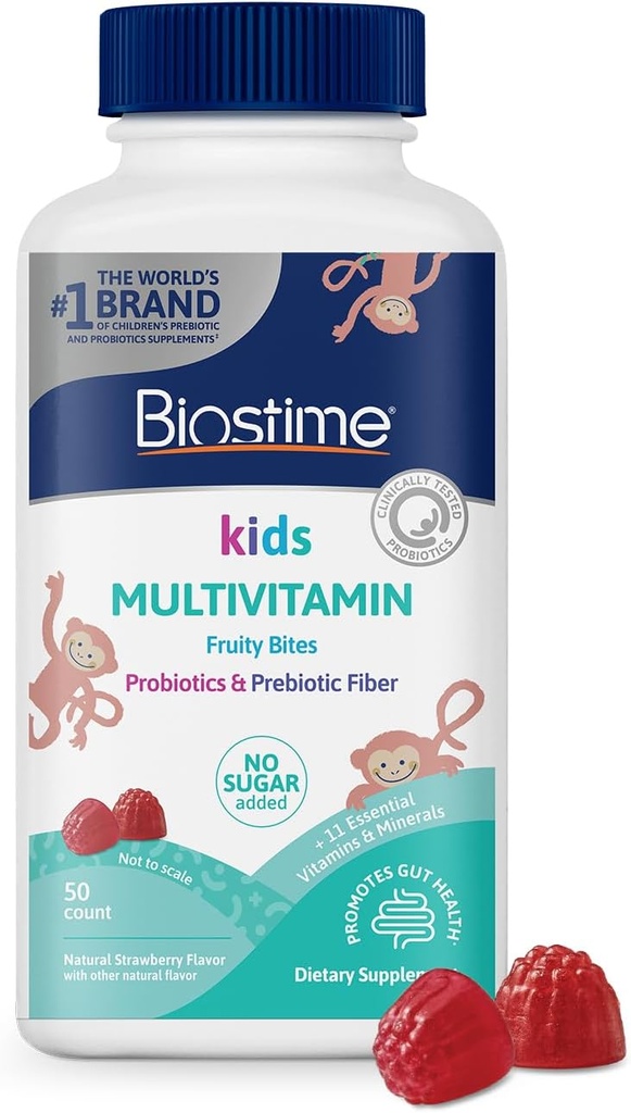 Biostime Kids Multivitamin Gummies with Probiyotiks & 11 Essential Vitamins (Ages 4+) | Çocuklar için Multivitamin | Eklenmiş Sugar Fruity Bites | Top 9 Allergens | 50 Count