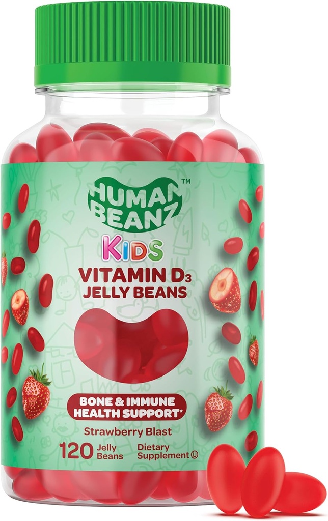 D3 Jelly Bean Gummies for Kids, 2506/1000 IU D, Beslenme Vejetaryen Supplements, 120 Strawberry Blast Jelly Beans, Kosher