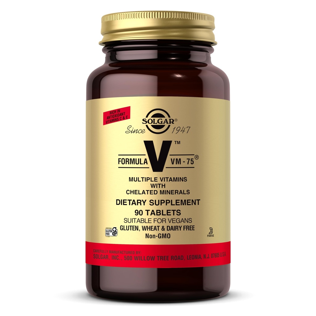 Solgar Formula VM- 75, 90 Δισκία - Πολυβιταμίνη με Χηλικά Ορυκτά - Βιταμίνη A, B6, B12, C, D, E - Βιοτίνη, Μαγνήσιο, Ασβέστιο, Σίδηρος, Ψευδάργυρος - Vegan, Χωρίς γλουτένη, Χωρίς γαλακτοκομικά, Kosher - 90 Σερβιέτες