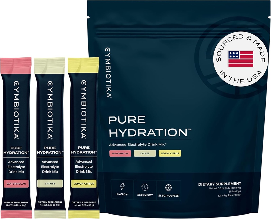 CYMBIOTIKA Pure Hydration Electrolytes Toz İçecek C & Magnezyum, Keto Friendly Electrolyte Hydration Packets, Diversity Pack, Lemon, Lychee & Watermelon, 7 Her, 21 Stick Packets