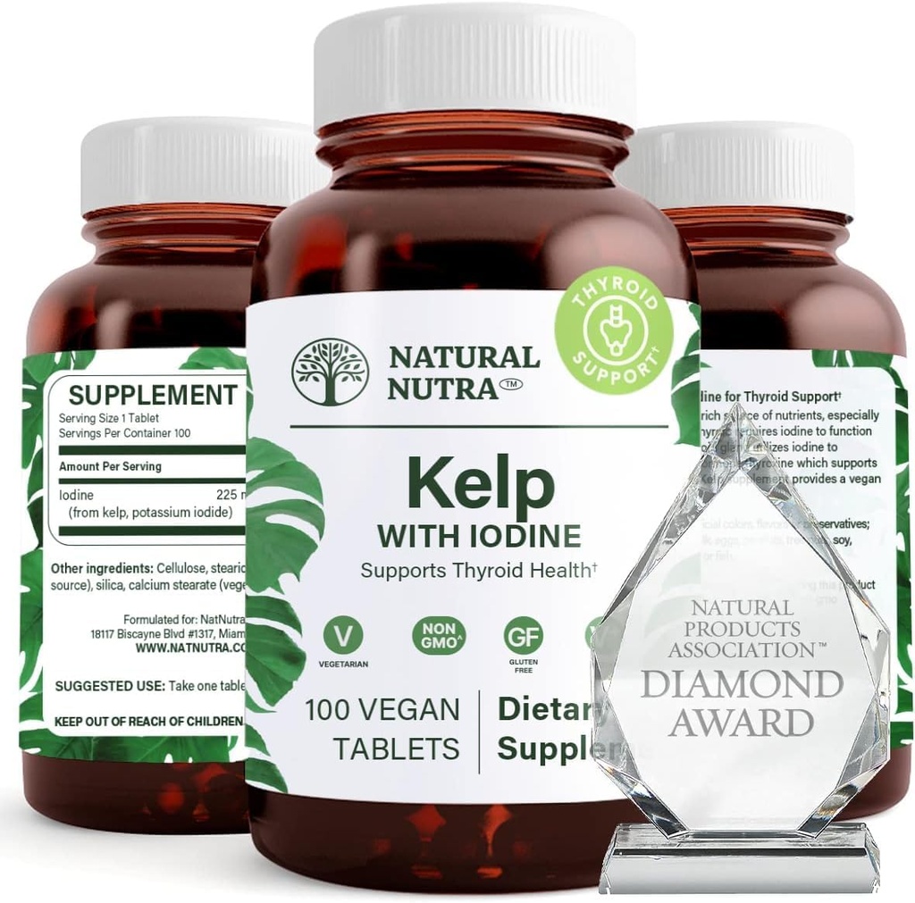 Doğal Nutra Kelp Iodine Yourroid Support Supplement, Immune System ve Regulates Metabolism, Vegan Sea Kelp, Non GMO, Atlantic Sourced Seaweed Extract, 225 mcg, 100 Tablet