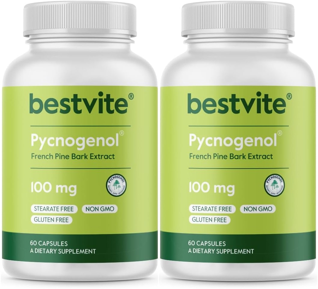 BESTVITE Pycnogenol 100 mg (120 Capsules) (60x2) - Fransız Deniz Ev Bark Ekstraksiyonu - Gluten Ücretsiz - GMOS