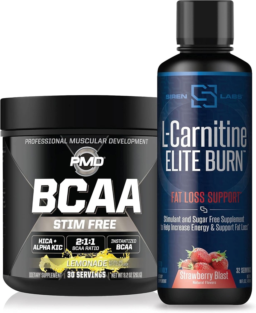 PMD Sports BCAA's Stim Free for Recovery and Performance Lemonade (30 hizmet) & Siren Labs L-Carnitine Elite Burn Fat Kayıp Destek Strawberry Blast 3000 mg (32 hizmet)