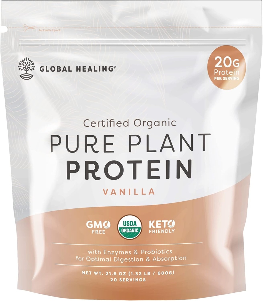 Global Healing Vegan Vanilla, Πρωτεϊνική σκόνη φυτού για γυναίκες & άνδρες, οργανική, αντικατάσταση γεύματος (20 μερίδες, 20 γραμμάρια πρωτεΐνη)