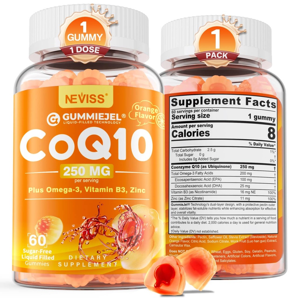 Χωρίς ζάχαρη CoQ10-250mg / 500mg πληρωμένα Gummies - Plus Omega-3, EPA + DHA, B3 & ψευδάργυρος - Ultra Co Q-10 συμπληρώματα για Hear-t Υγεία, Κυτταρική ενέργεια, Αντιοξειδωτική υποστήριξη, Μέχρι 60 ημέρες εφοδιασμού, Vegan 60Cts