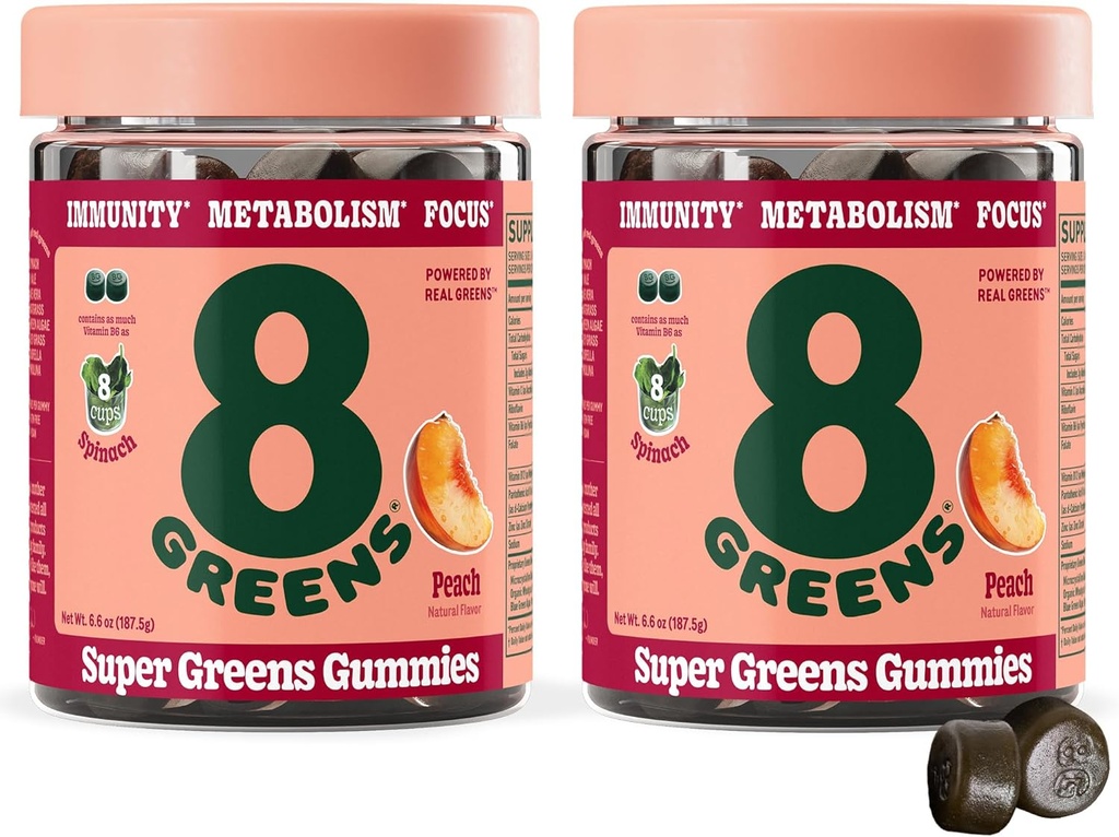8Greens Supergreens Gummies | Super Greens Toz Superfood Gummy for Metabolism, Immunity & Focus, Digestive Health Enzymes, Organic: Chlorella, Spirulina, Aloe Vera, Peach Flavor, 100 Count