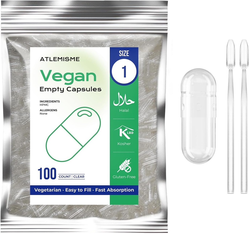 Κενές κάψουλες Vegan μέγεθος 1 - Κενό (100 κόμης) DIY κάψουλες λαχανικών πλήρωσης - Veggie Caps με 2 Micro Lab κουτάλια για κάψουλες πλήρωσης