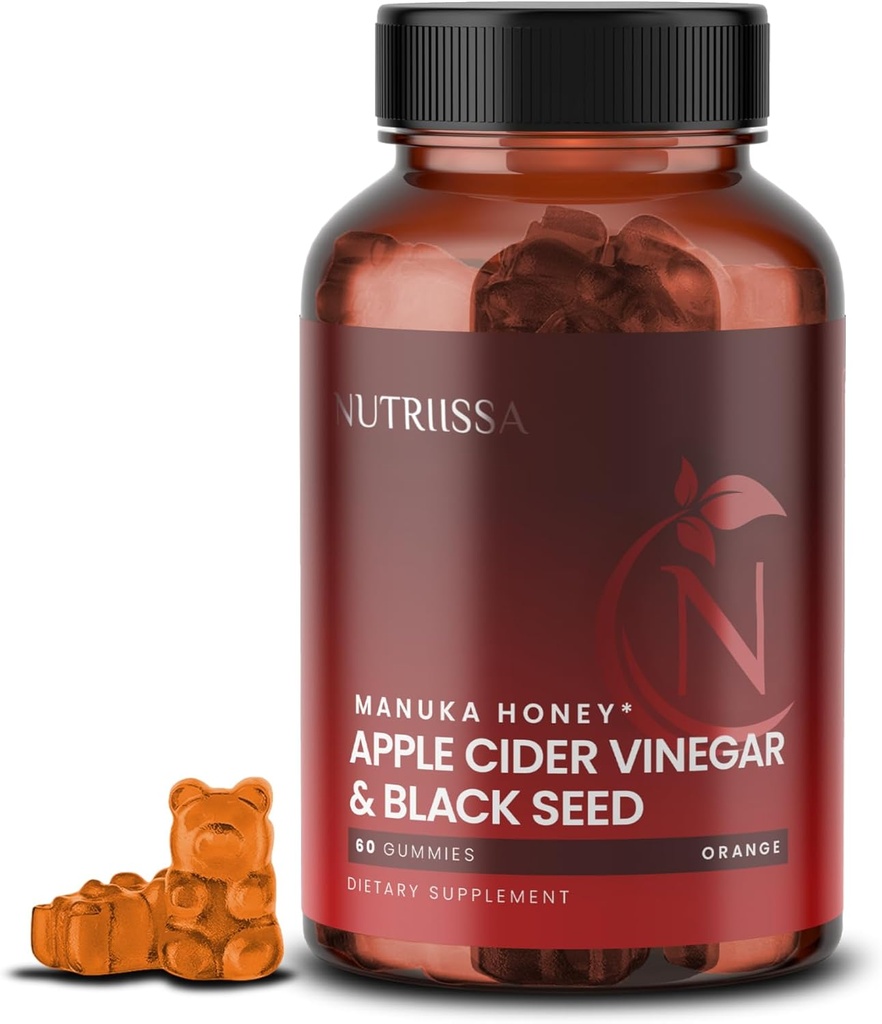 Nutriissa - Apple Cider Vinegar + Black Seed Oil + Elder Berry + Manuka Honey Gummies – Cold-Pressed Cumin Tohum Nigella Sativa – EPEB Basit ve Potency için sertifikalı – 60 Orange Flavored Gummies