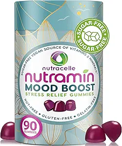 NUTRAMIN Mood Boost Multivitamin Gummy - Delicious & Yummy Anti-Stress Magnezyum Ashwagandha Gummies + B Kompleks Vitaminleri Focus ve Calm - Sugar-Free, Vegan, Gluten-Free, Anti-Safe (90 Count)