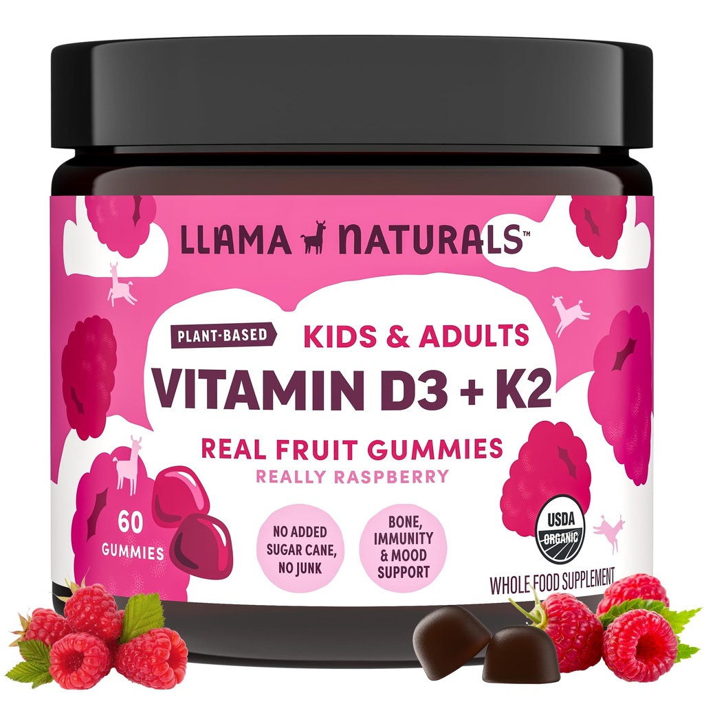 Llama Naturals Βιταμίνη D3, Vegan, συμπλήρωμα οργανικής ανοσοποιητικής υποστήριξης, Βιταμίνη D Gummies για ενήλικες και παιδιά, πραγματικό χυμό φρούτων, προάγει την υγεία των οστών, χωρίς προσθήκη ζαχαροκάλαμου, σμέουρων, 60 Ct